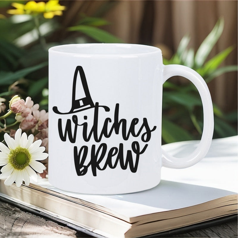 Tailorly White Ceramic 11 oz Mug - A Witches Brew Minimalist Black Silhouette Featuring A Classic Pointed Magic Theme Stylized Hat