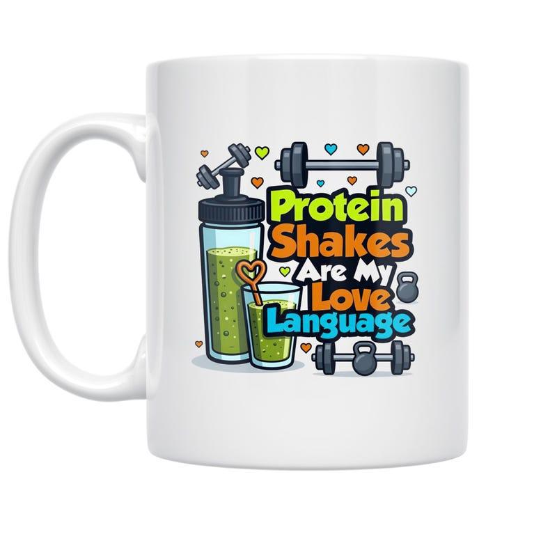 Tailorly White Ceramic 11 oz Mug - Protein Shakes Are My Love Language Fitness Theme With Shaker Bottle And Dumbbells Among Colorful Hearts Shaker