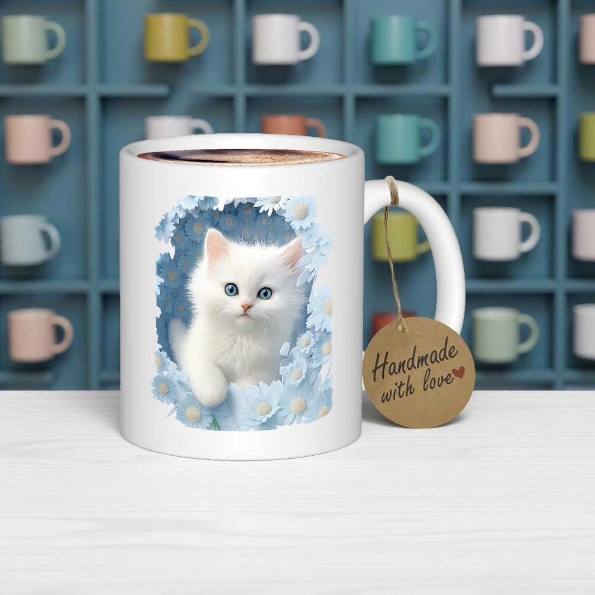 Tailorly White Ceramic 11 oz Mug - Handmade With Love Adorable Fluffy White Feline Resting Within Artistic Blue Watercolor Frame Kitten