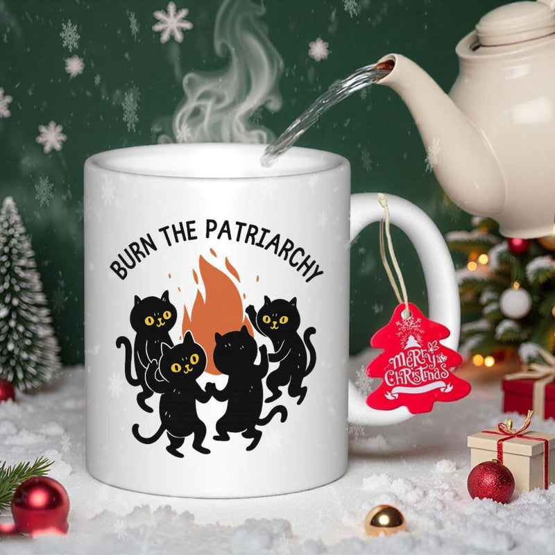 Tailorly White Ceramic 11 oz Mug - Burn The Patriarchy Four Playful Black Cats Dancing Around A Glowing Vibrant Flickering Campfire Cats