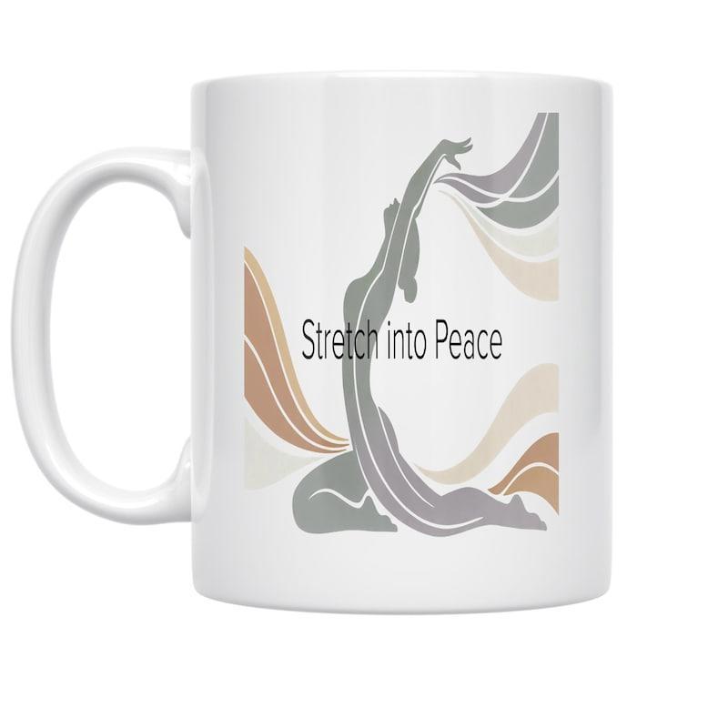 Tailorly White Ceramic 11 oz Mug - Stretch Into Peace Minimalist Abstract Stretching Among Soft Flowing Waves And Ribbons Yoga Silhouette