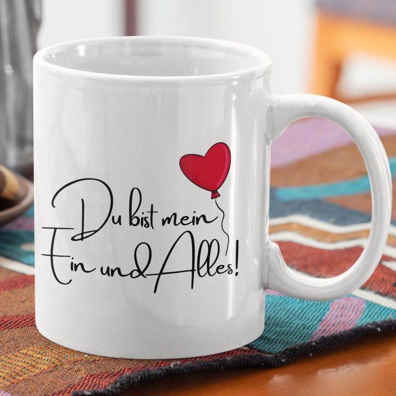 Tailorly White Ceramic 11 oz Mug - Floating Vibrant Red Heart Shaped Item With Delicate Wavy String Balloon