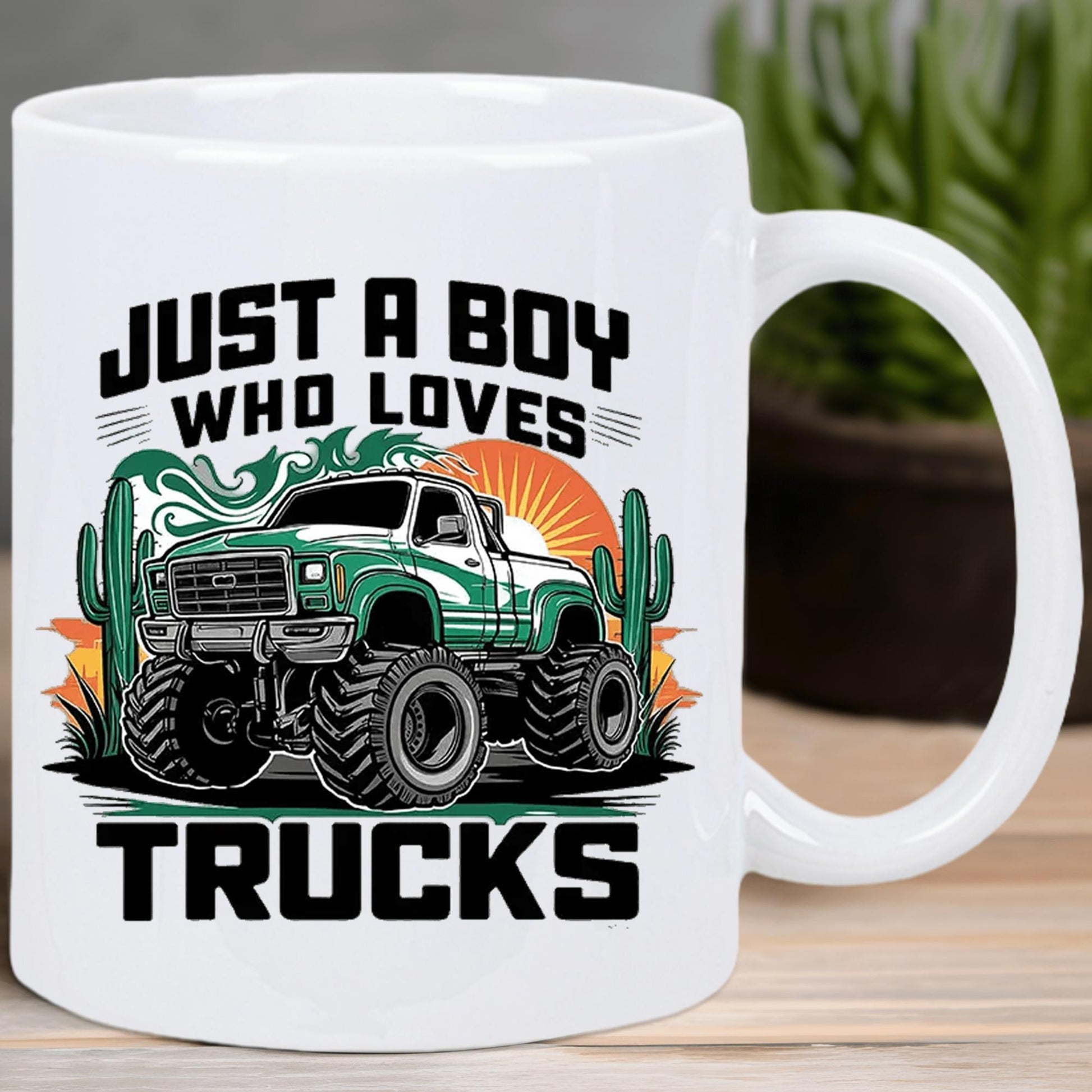Tailorly White Ceramic 11 oz Mug - Just A Boy Who Loves Trucks Powerful Green Monster Truck Driving Past Desert Cacti Under Glowing Sun Truck