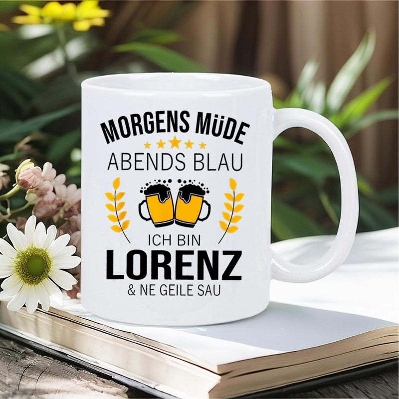 Tailorly White Ceramic 11 oz Mug - Two Foaming Beer Mugs With Golden Wheat Ears Under Small Stars Mug