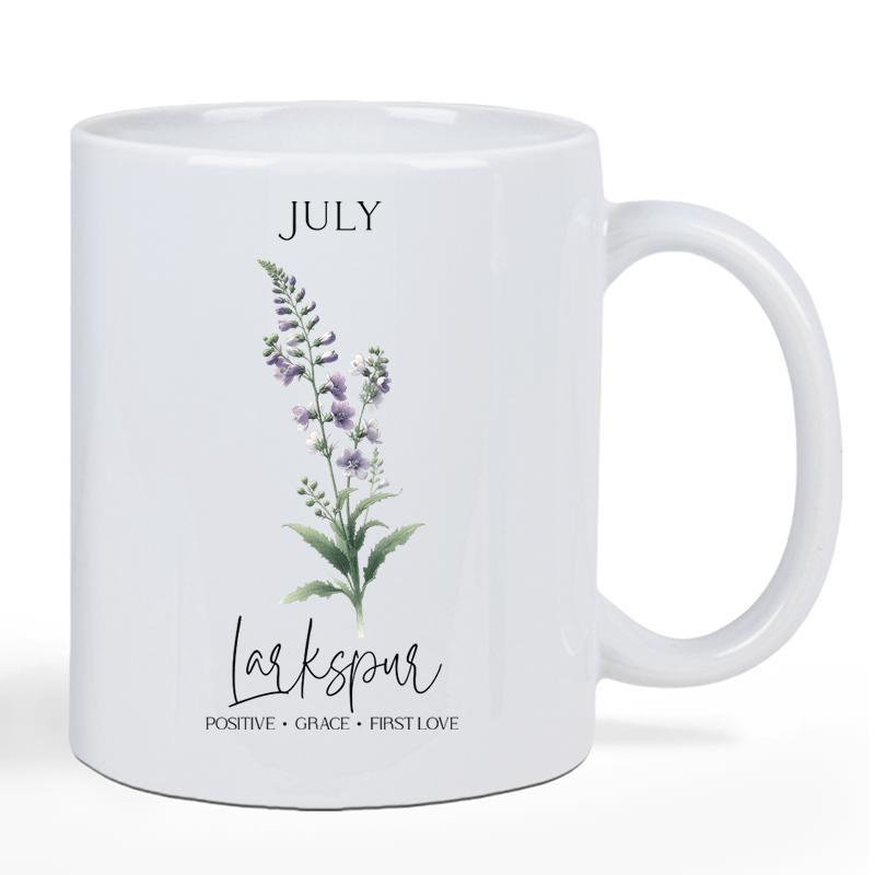 Tailorly White Ceramic 11 oz Mug - July Larkspur Positivity Grace First Love Elegant Purple Botanical Watercolor Illustration With Green Leaves And Floral Details