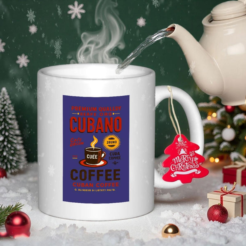 Tailorly White Ceramic 11 oz Mug - Cubano Coffee Steaming Cup Of Coffee Within A Decorative Circular Seal Mug