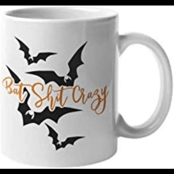 Tailorly White Ceramic 11 oz Mug - Bat Shit Crazy Spooky Black Silhouettes Of Flying Bats Moving In Upward Motion Bat
