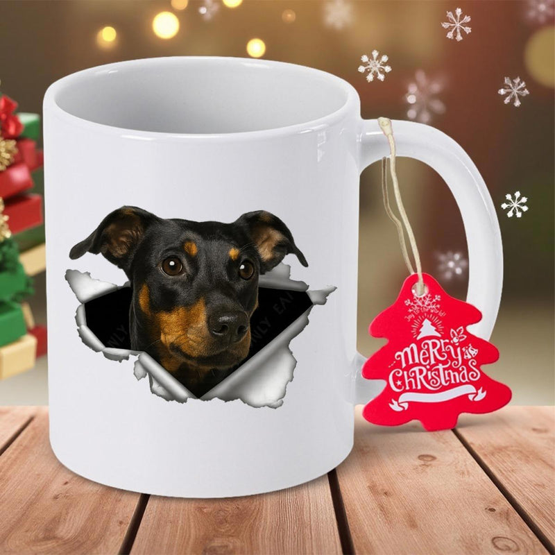 Tailorly White Ceramic 11 oz Mug - Merry Christmas Realistic Black And Tan Animal Head Peeking Through Torn White Paper Hole Dog