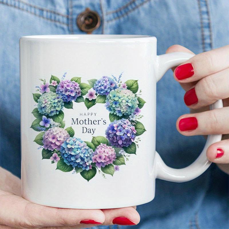 Tailorly White Ceramic 11 oz Mug - Happy Mother's Day Heart Shaped Wreath With Colorful Blooming Hydrangea Flowers