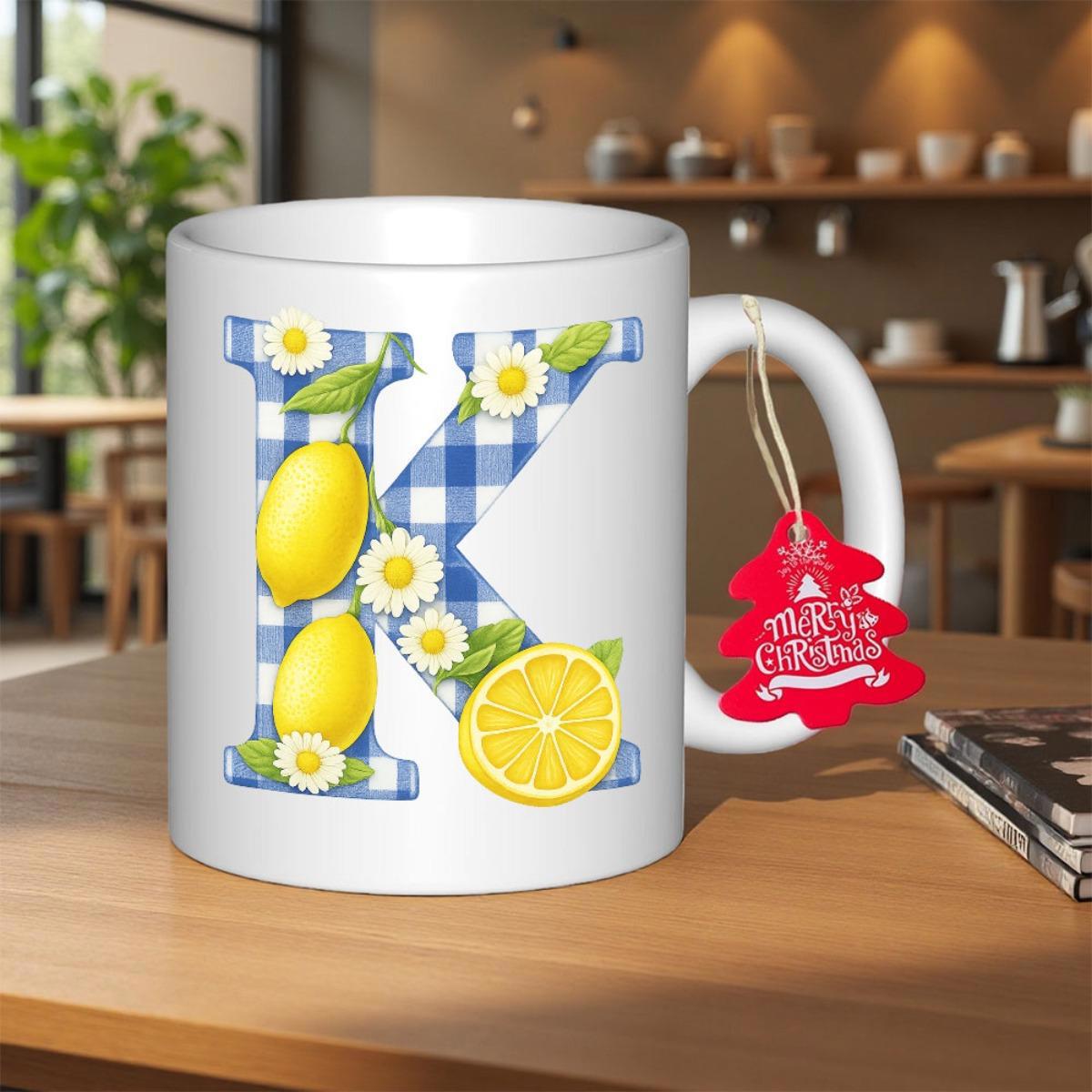 Tailorly White Ceramic 11 oz Mug - Blue Gingham Pattern With Ripe Lemons And Delicate White Daisy Letter K