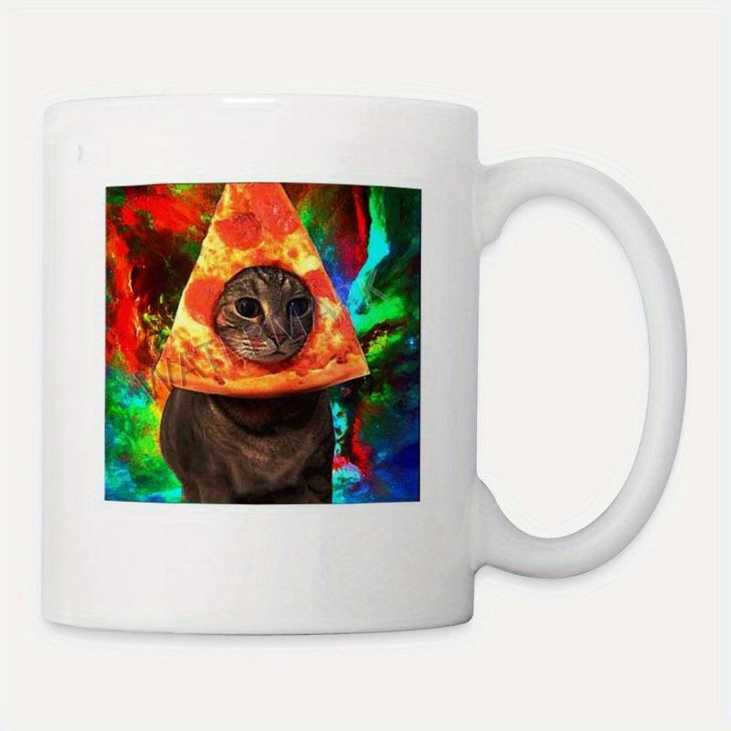 Tailorly White Ceramic 11 oz Mug - Vibrant Colorful Psychedelic Background Featuring A Funny Black Pepperoni Pizza Cat