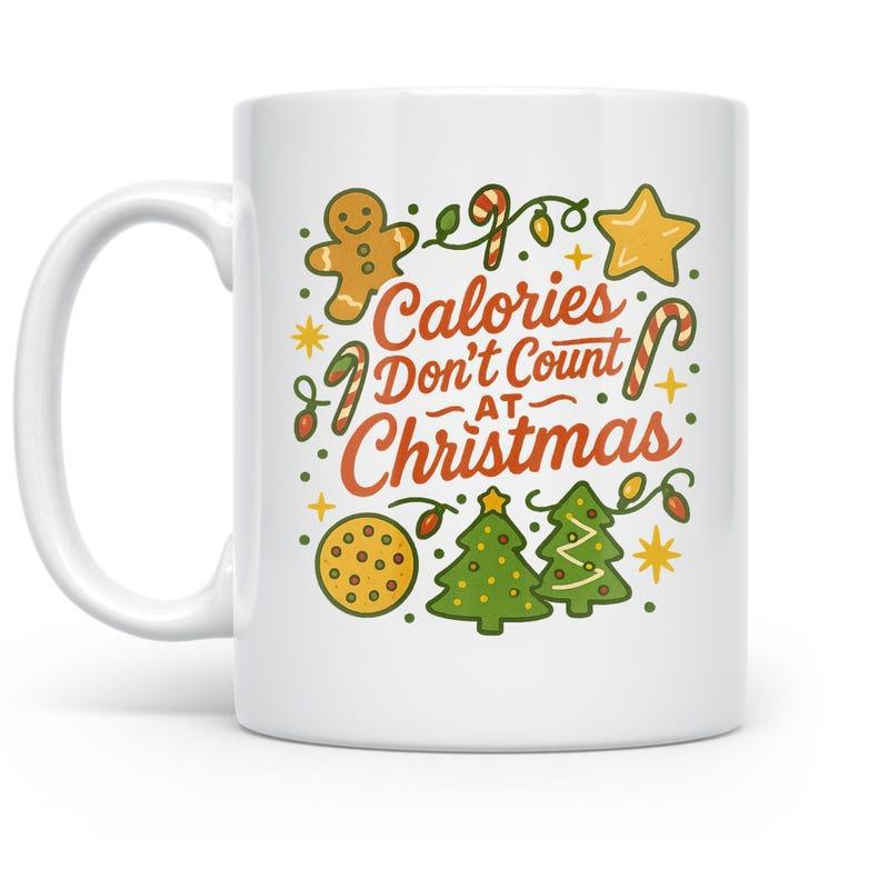 Tailorly White Ceramic 11 oz Mug - Calories Don't Count At Christmas Gingerbread Man Candy Canes With Gold Stars And Festive Evergreen Trees Mug