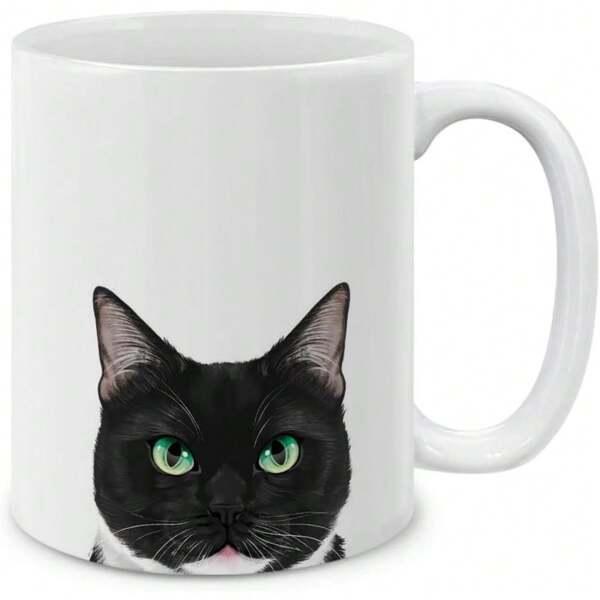 Tailorly White Ceramic 11 oz Mug - Realistic Tuxedo Kitty With Vibrant Green Eyes Peeking From Bottom Cat