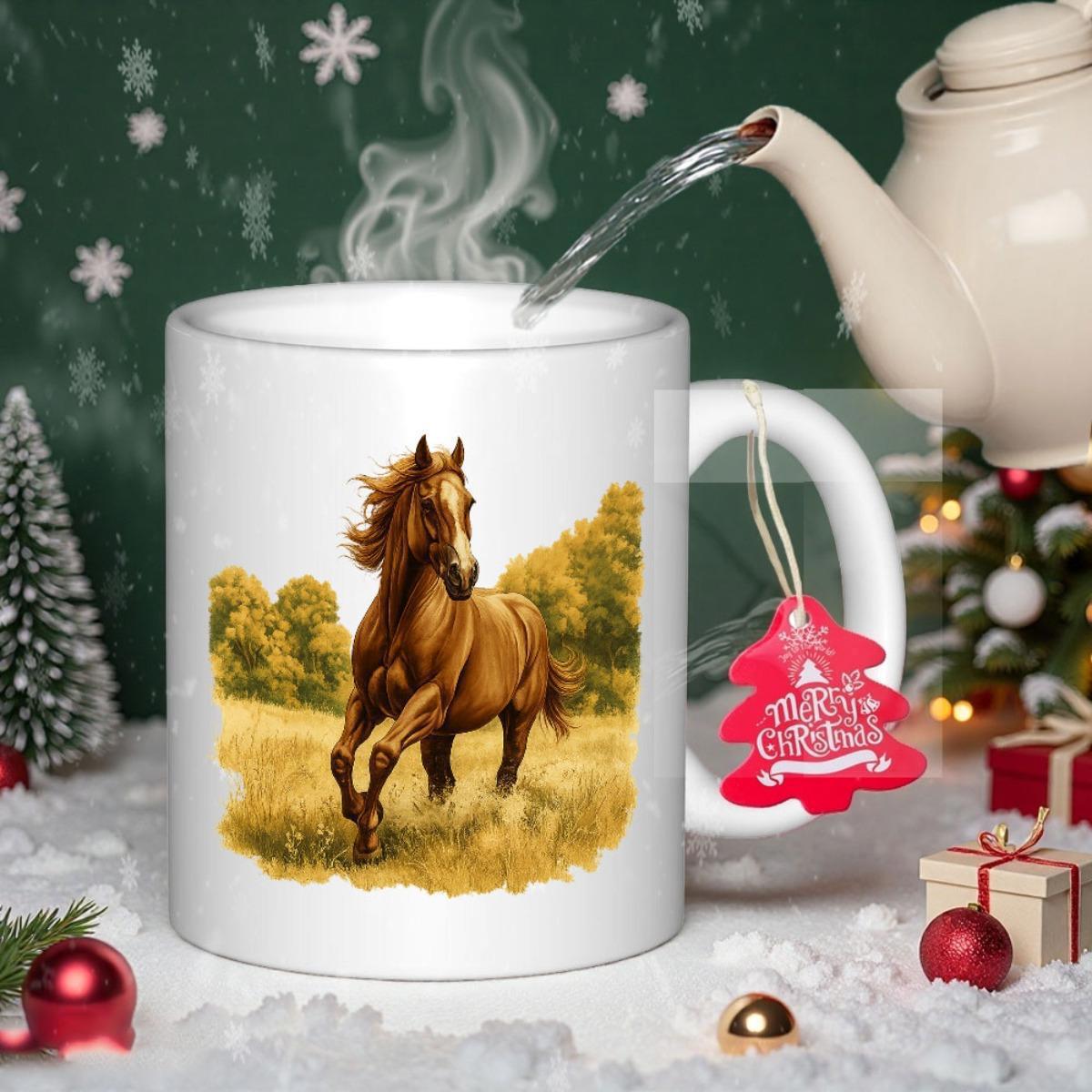 Tailorly White Ceramic 11 oz Mug - Merry Christmas Majestic Brown Horse Galloping Through Golden Autumn Fields With Forest Horse