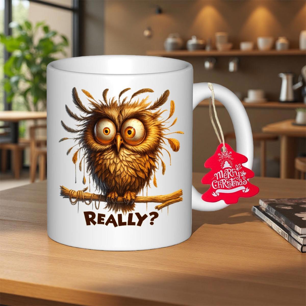 Tailorly White Ceramic 11 oz Mug - Really Funny Messy Feathered Bird Perched On Branch With Surprised Expression Owl