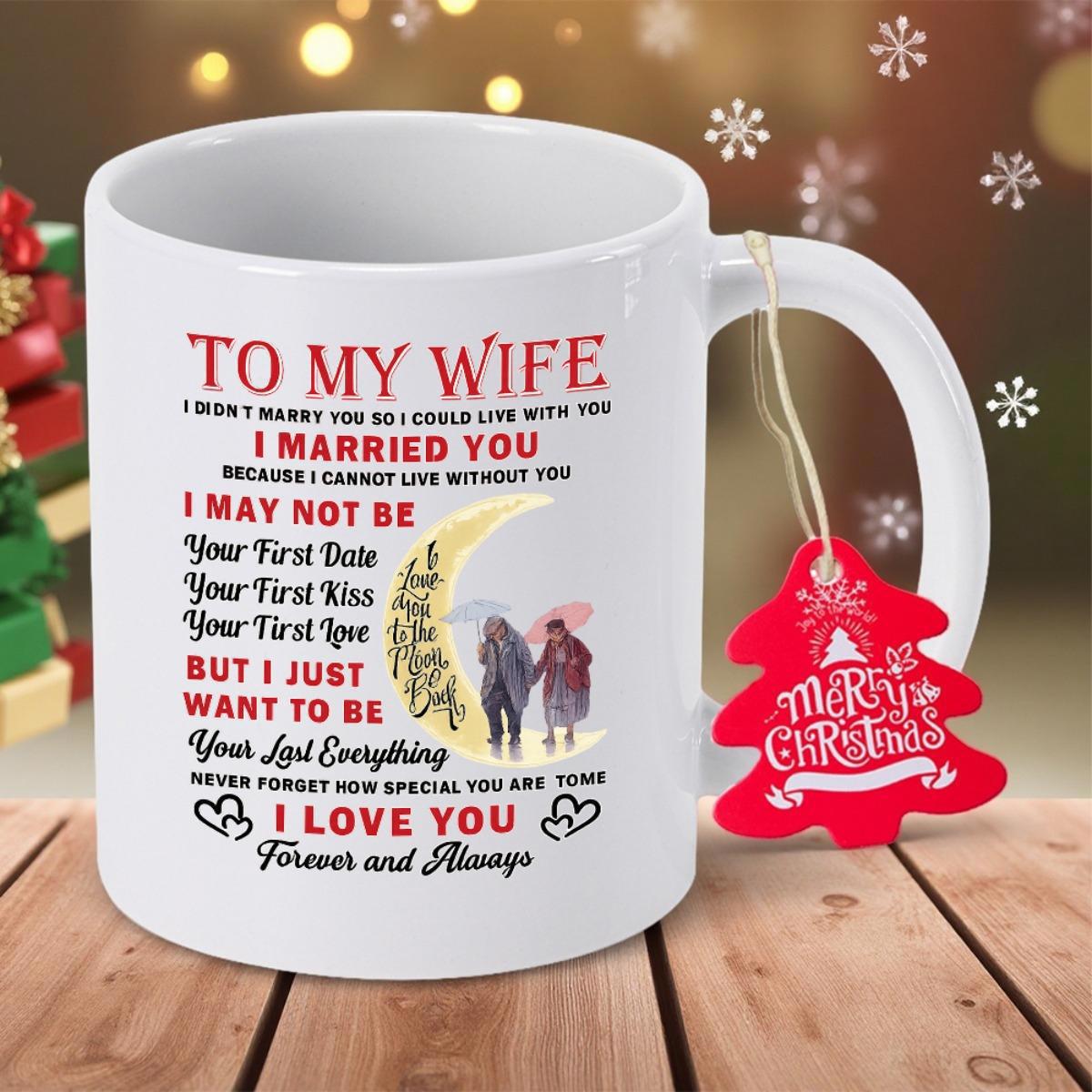 Tailorly White Ceramic 11 oz Mug - To My Wife Forever And Always Romantic Couple Walking Under Umbrella Beside A Golden Crescent Moon Mug