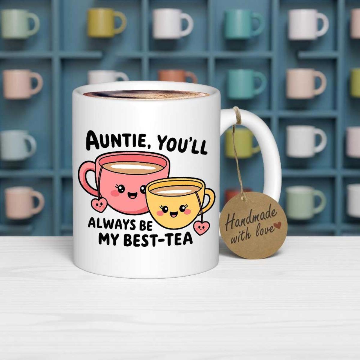 Tailorly White Ceramic 11 oz Mug - Auntie Youll Always Be My Best Tea Two Charming Smiling Cartoon Teacups Adorned With Small Delicate Hearts Mug