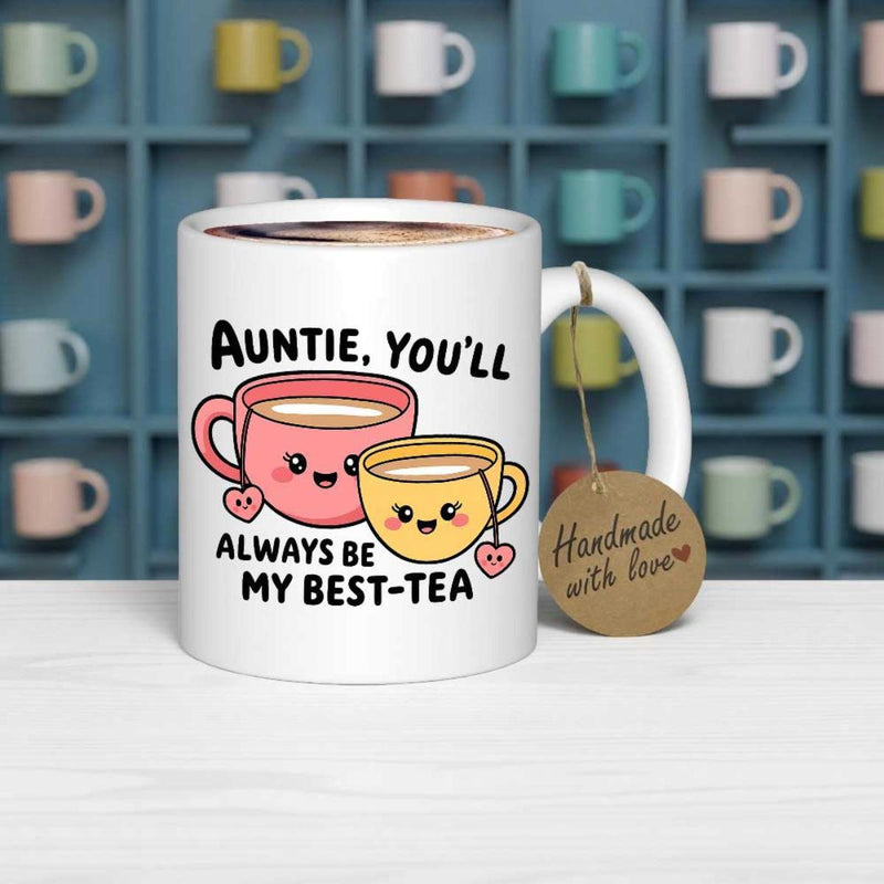 Tailorly White Ceramic 11 oz Mug - Auntie Youll Always Be My Best Tea Two Charming Smiling Cartoon Teacups Adorned With Small Delicate Hearts Mug