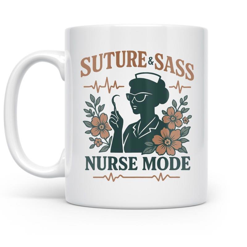 Tailorly White Ceramic 11 oz Mug - Suture Sass Nurse Mode Vintage Silhouette Surrounded By Floral Accents And Medical Heartbeat Rhythm Nurse