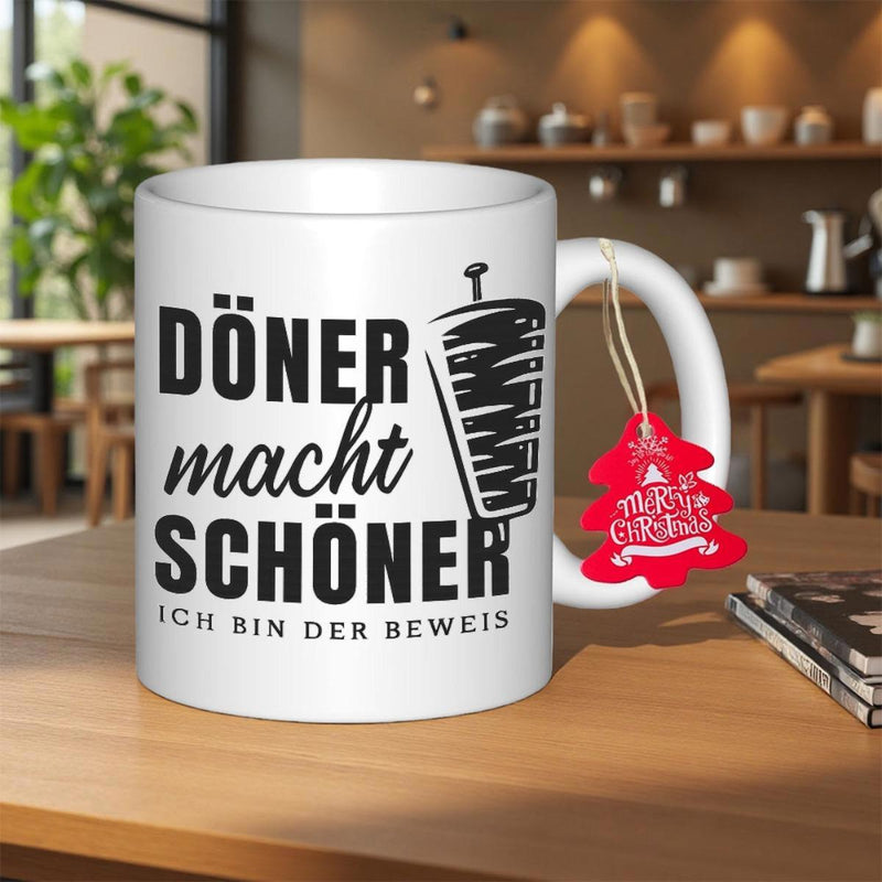 Tailorly White Ceramic 11 oz Mug - Artistic Black Line Drawing Of Traditional Turkish Meat Spit On Skewer Doner