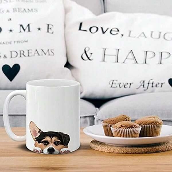 Tailorly White Ceramic 11 oz Mug - Cute Peeking Brown And Black Spotted Puppy Looking Over Edge Dog