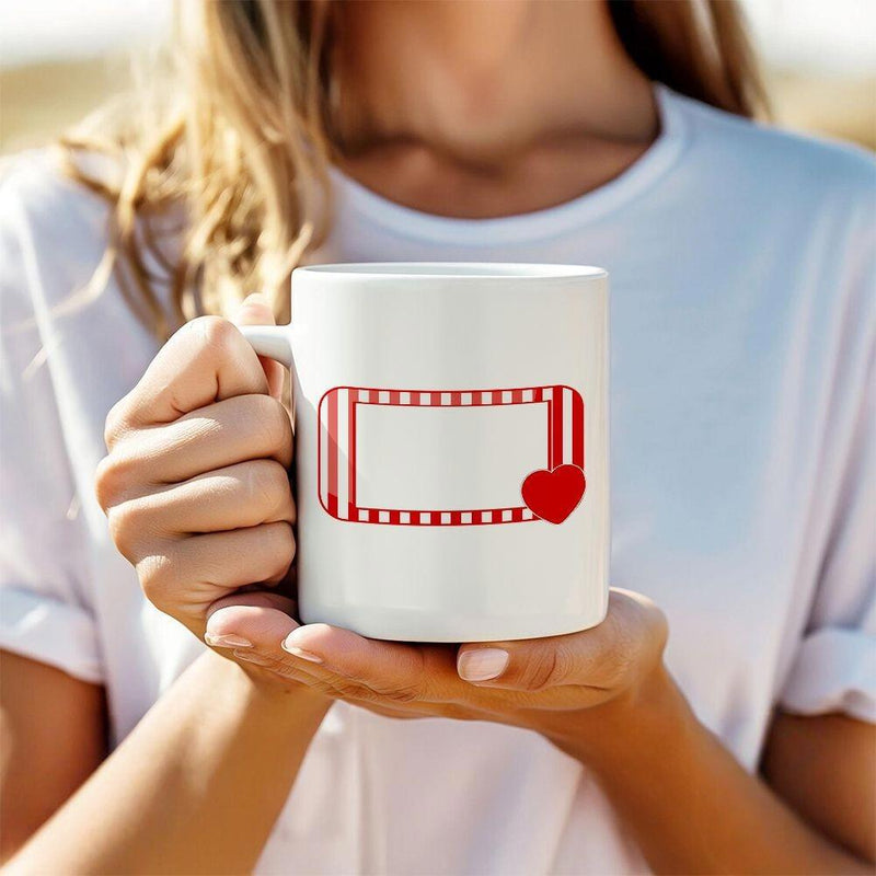 Tailorly White Ceramic 11 oz Mug - Red Striped Vintage Film Border With A Small Cute Heart