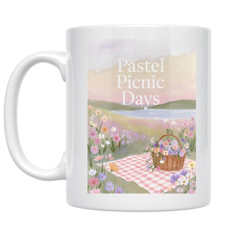 Tailorly White Ceramic 11 oz Mug - Pastel Picnic Days Serene Meadow With Flower Basket On Gingham Picnic Blanket Landscape