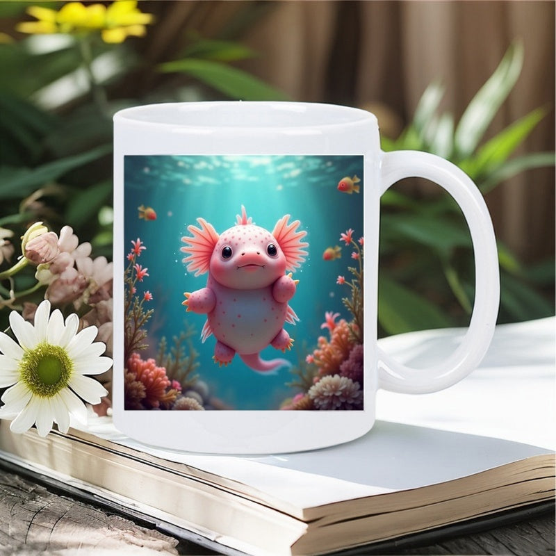 Tailorly White Ceramic 11 oz Mug - Cute Pink Axolotl Floating Gracefully Among Colorful Corals Under Deep Blue Water Axolotl