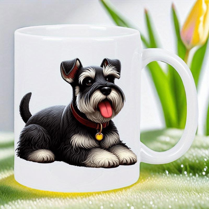Tailorly White Ceramic 11 oz Mug - Adorable Miniature Schnauzer Dog Resting Peacefully On Grass With Red Collar Schnauzer
