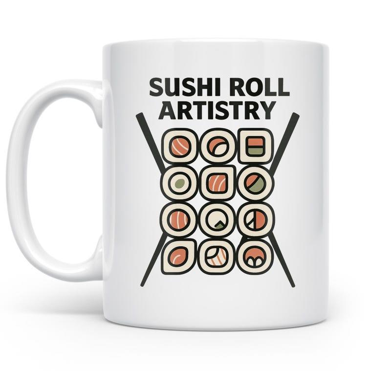 Tailorly White Ceramic 11 oz Mug - Sushi Roll Artistry Minimalist Grid Of Delicious Assorted Hand Rolls Held Between Black Crossed Sushi