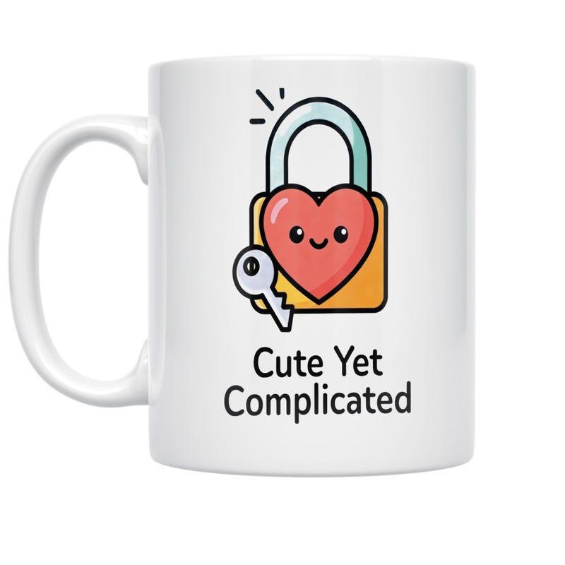 Tailorly White Ceramic 11 oz Mug - Cute Yet Complicated Smiling Red Heart Centered On Golden Security Lock With Small Key Padlock