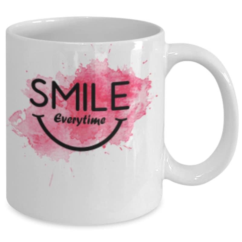 Tailorly White Ceramic 11 oz Mug - Smile Everytime Vibrant Pink Watercolor Splash With Simple Curved Artistic Line Smile