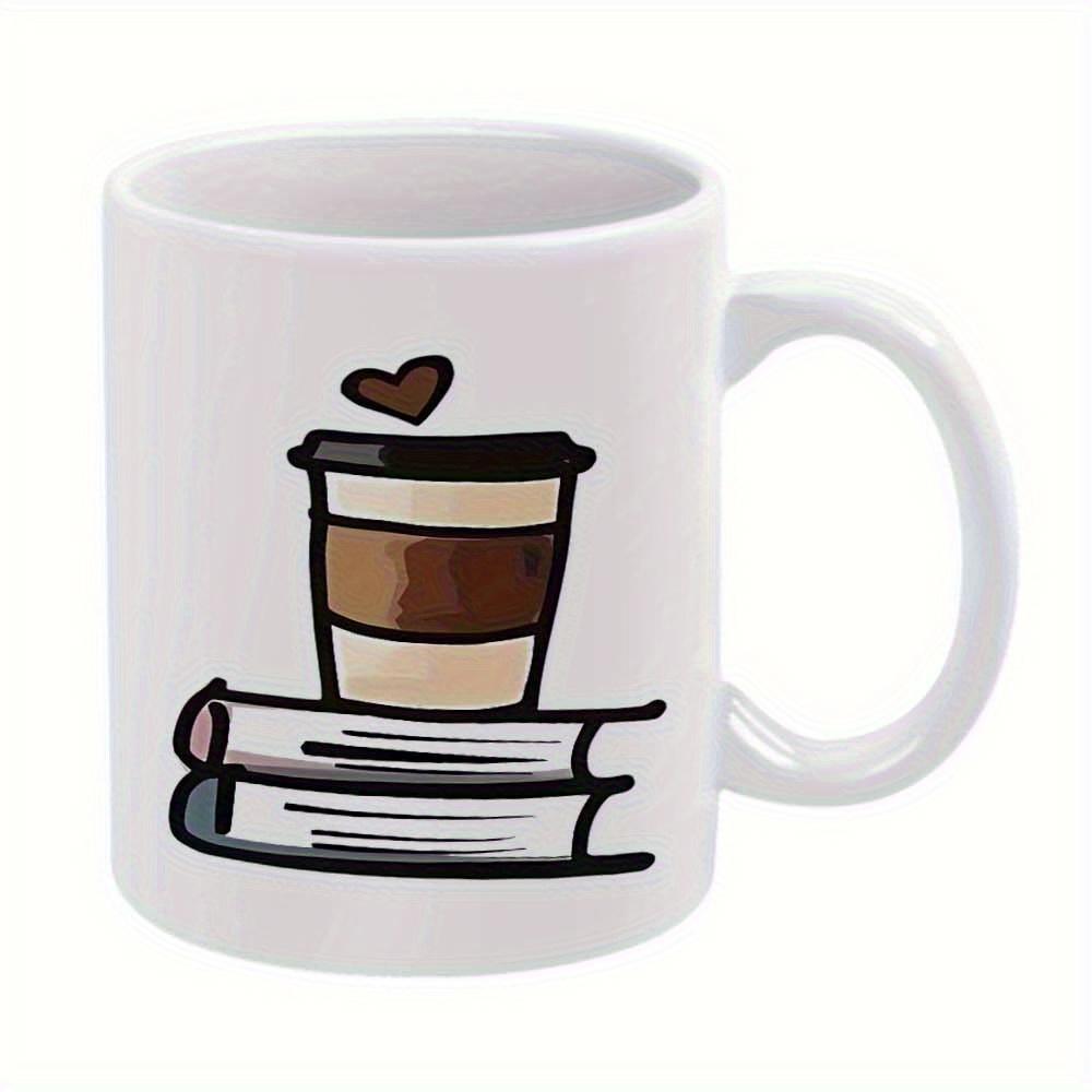 Tailorly White Ceramic 11 oz Mug - Hand Drawn Coffee Resting On Stacked Books With Floating Heart Cup