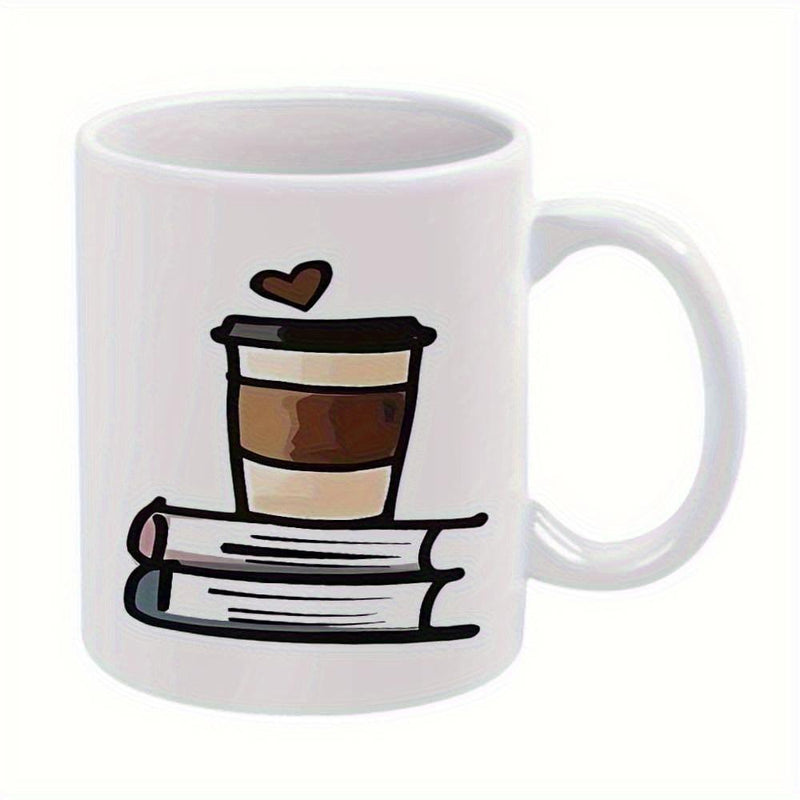 Tailorly White Ceramic 11 oz Mug - Hand Drawn Coffee Resting On Stacked Books With Floating Heart Cup