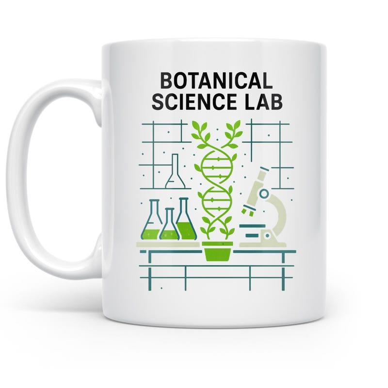 Tailorly White Ceramic 11 oz Mug - Botanical Science Lab Scientific DNA Helix Vines Growing In Beakers Beside Microscope Lab