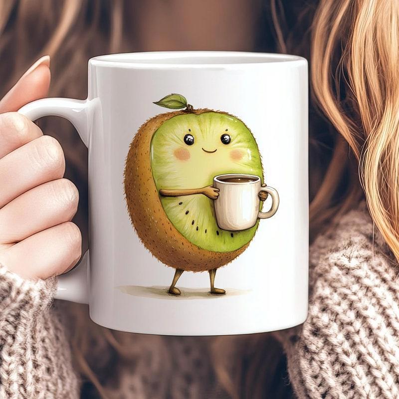 Tailorly White Ceramic 11 oz Mug - Adorable Cartoon Sliced Fruit Character Holding A Small Steaming Coffee Kiwi