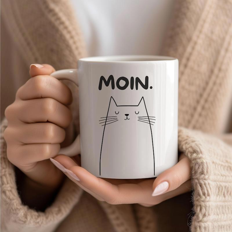 Tailorly White Ceramic 11 oz Mug - Moin Minimalist Hand Drawn Line Art Featuring A Cute Whiskered Sleeping Cat