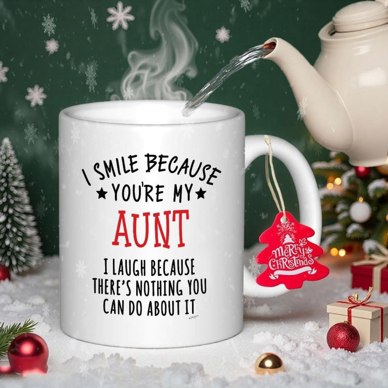 Tailorly White Ceramic 11 oz Mug - I Smile Because Youre My Aunt I Laugh Because Theres Nothing You Can Do About It Minimalist White Ceramic Vessel Featuring