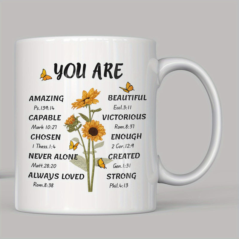 Tailorly White Ceramic 11 oz Mug - You Are Amazing Capable Chosen Never Alone Always Loved Beautiful Victorious Enough Created Strong Vibrant Yellow Sunflowers