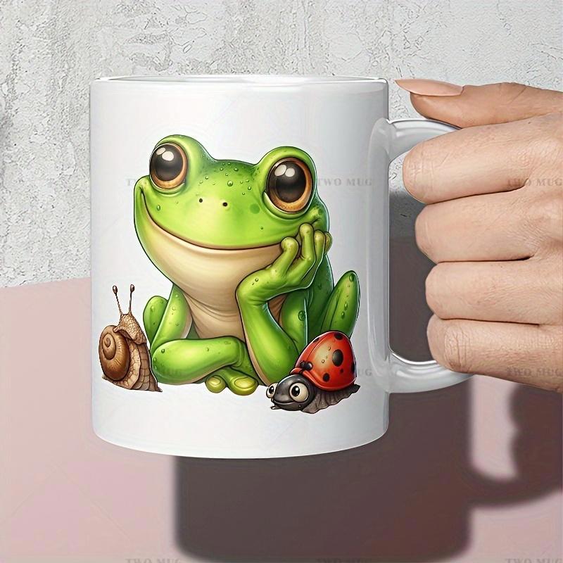 Tailorly White Ceramic 11 oz Mug - Adorable Green Garden Friend Resting With Snail And Tiny Little Ladybug Frog