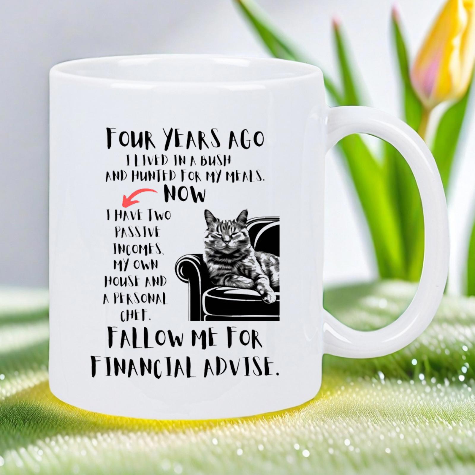 Tailorly White Ceramic 11 oz Mug - Four Years Ago I Lived In A Box Now I Have Two Passive Incomes Follow Me For Financial Advise Hand Drawn Illustration Of A