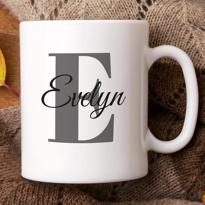 Tailorly White Ceramic 11 oz Mug - Evelyn Elegant Gray Serif Letter Overlaid With Stylish Black Cursive Script Mug