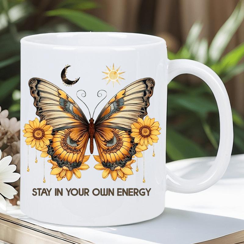 Tailorly White Ceramic 11 oz Mug - Stay In Your Own Energy Detailed Wings With Sunflowers And Celestial Sun Moon Symbols Butterfly