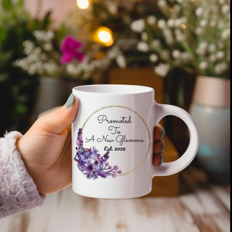 Tailorly White Ceramic 11 oz Mug - Promoted To A New Glamma Est 2022 Circular Gold Frame With Elegant Purple Lilac Floral Wreath