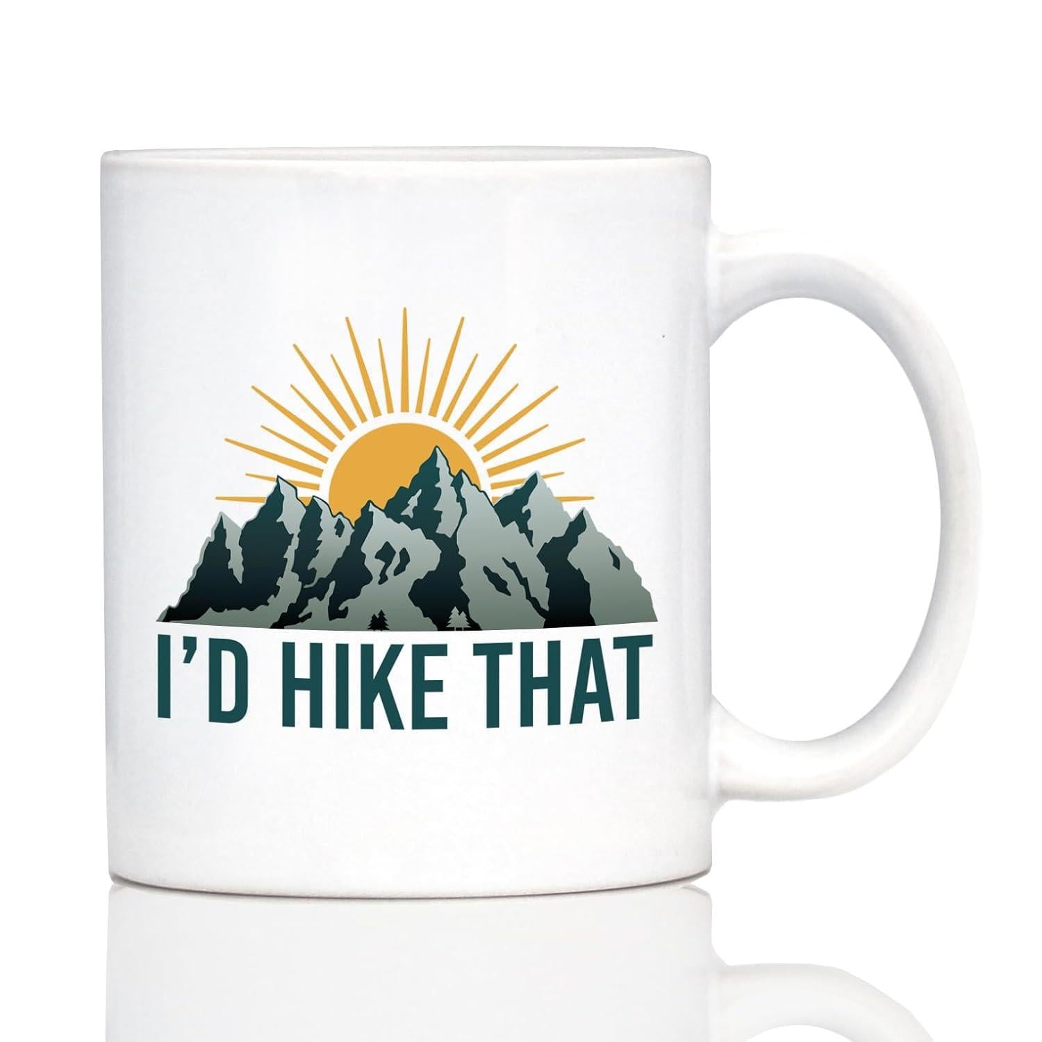 Tailorly White Ceramic 11 oz Mug - Id Hike That Scenic Peak Silhouette With Golden Rising Sun Rays Above Majestic Range Mountain