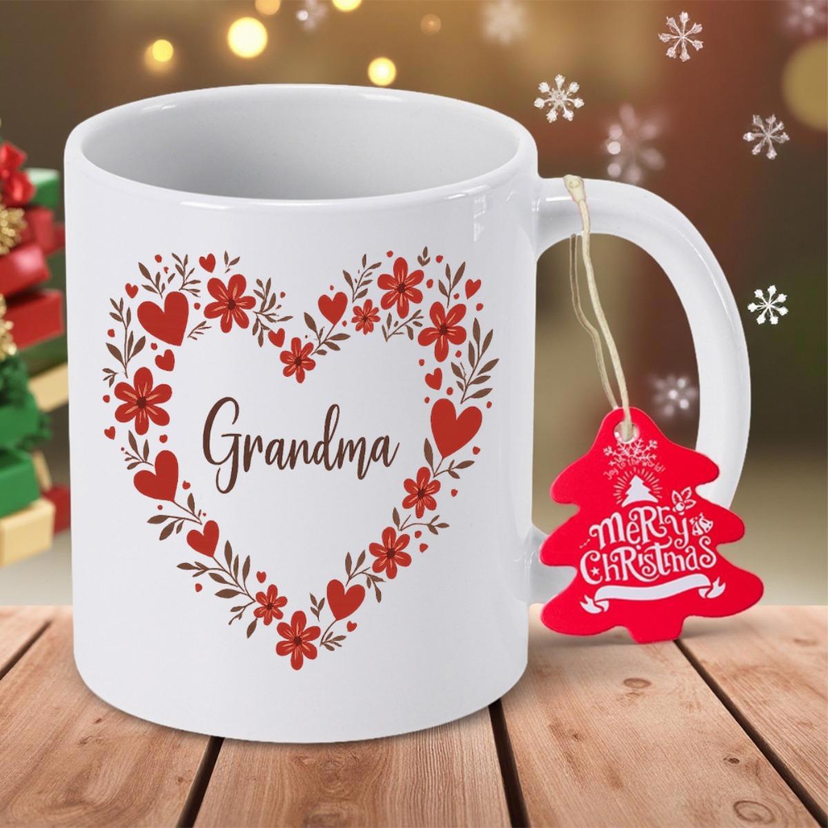 Tailorly White Ceramic 11 oz Mug - Grandma Decorative Red Flowers And Small Hearts Formed In A Loving Heart