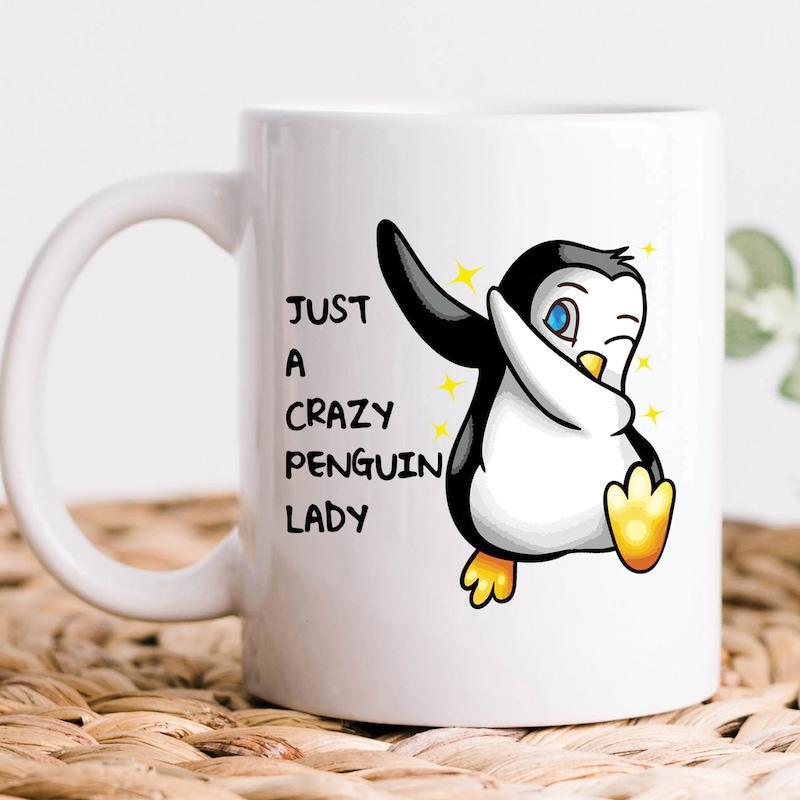 Tailorly White Ceramic 11 oz Mug - Just A Crazy Penguin Lady Adorable Cartoon Bird Performing A Cool Dabbing Pose With Stars Penguin