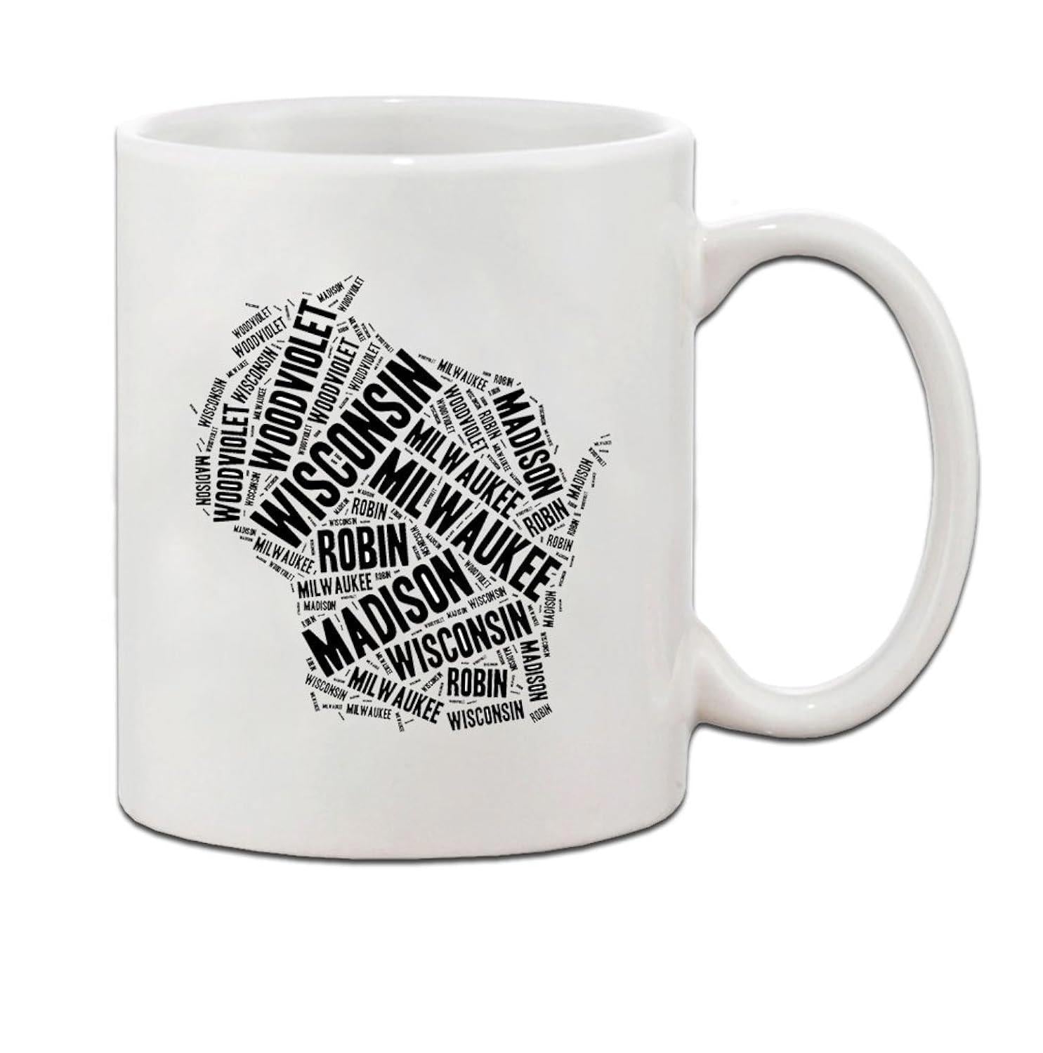 Tailorly White Ceramic 11 oz Mug - Wisconsin Milwaukee Madison Bold Sans Serif Typography Forming The Shape Of The State Map