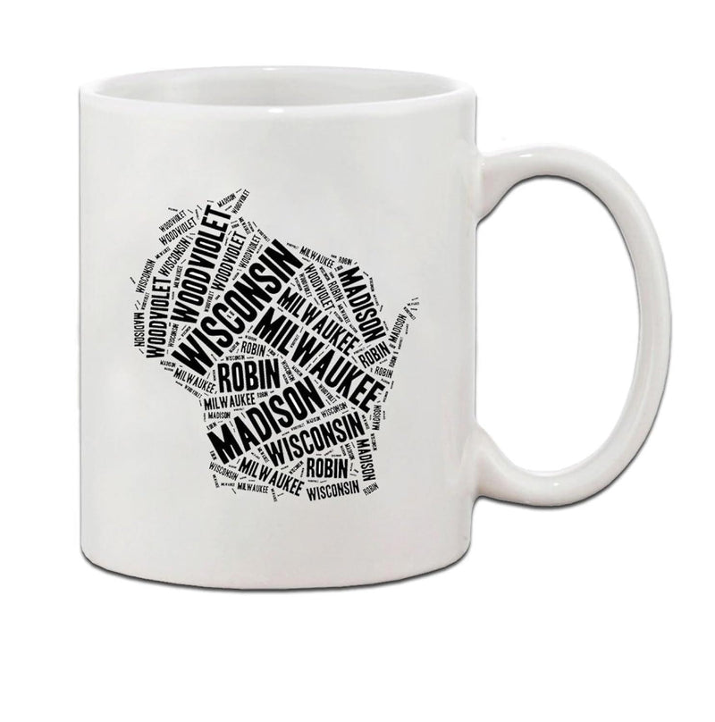Tailorly White Ceramic 11 oz Mug - Wisconsin Milwaukee Madison Bold Sans Serif Typography Forming The Shape Of The State Map
