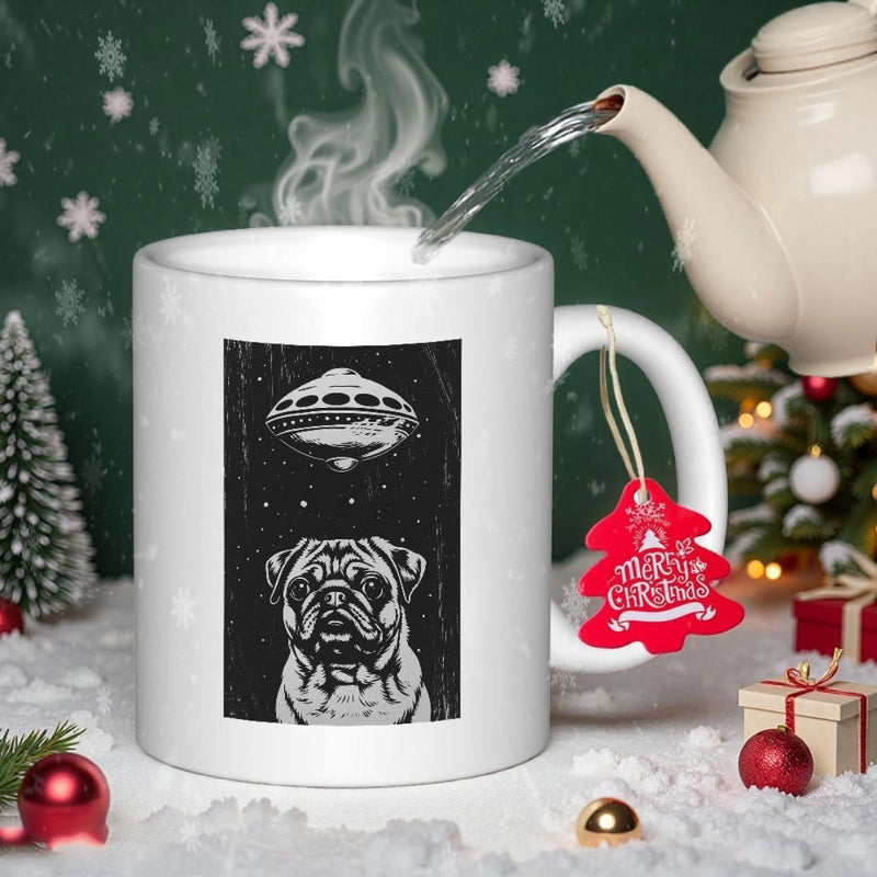 Tailorly White Ceramic 11 oz Mug - Mysterious Alien Spaceship Hovering Over A Cute Staring Black And White Pug